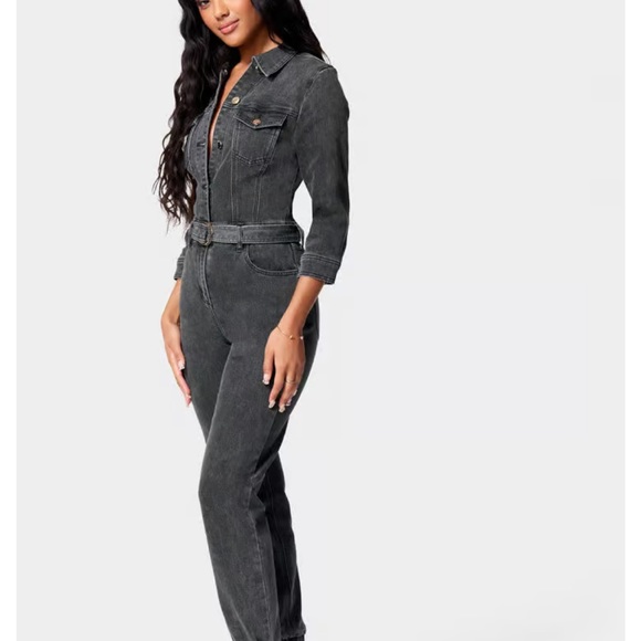 Bebe Button Down Slim Belted Washed Black Denim Jumpsuit - Picture 2 of 7